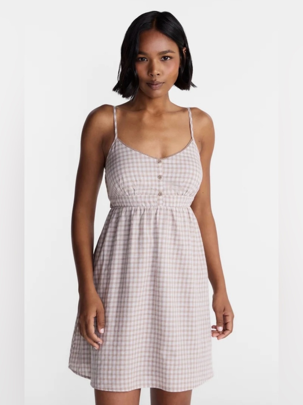 NWT No Boundaries Brown Gingham Sleeveless Chemise with Buttons